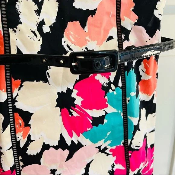 Review Women Dress Size 14 Multicoloured Floral With Black Waist Belt V Back - Picture 4 of 9